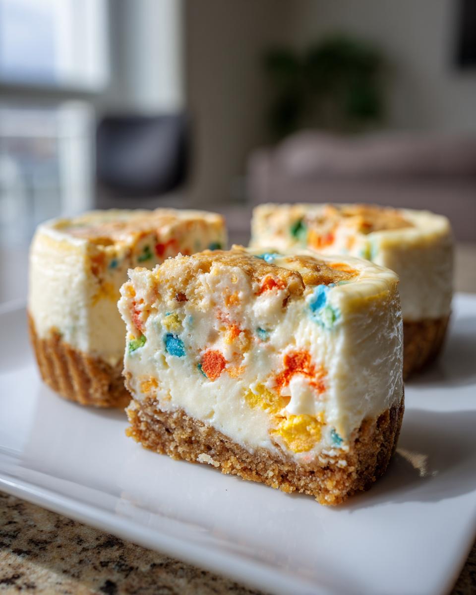 Three mini egg cheesecake bites on a white plate, one with a bite taken out to show the interior.