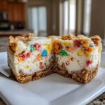 A halved mini egg cheesecake on a white plate, showing the creamy filling and colorful candy pieces.