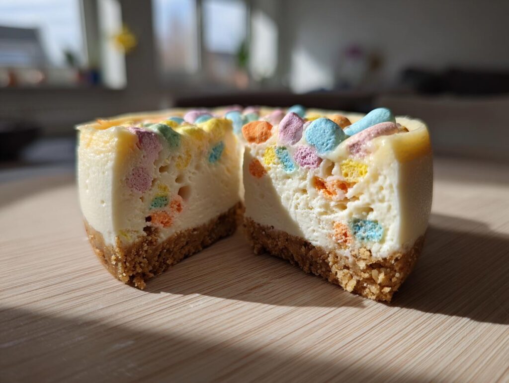 Close-up of a cut mini egg cheesecake showing the graham cracker crust, creamy filling, and colorful mini egg pieces.