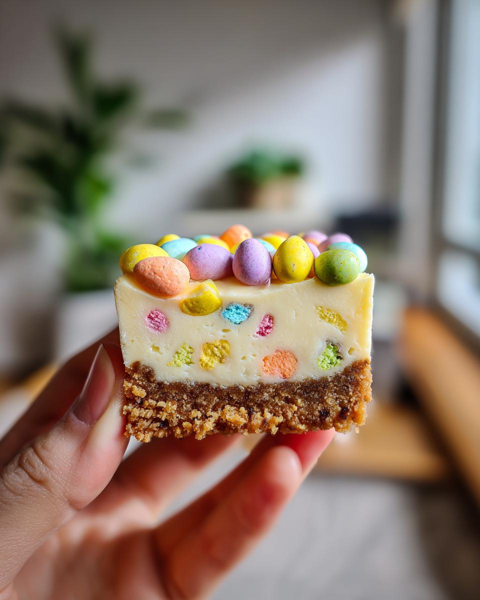 A slice of mini egg cheesecake with a graham cracker crust, cheesecake filling, and mini egg topping.