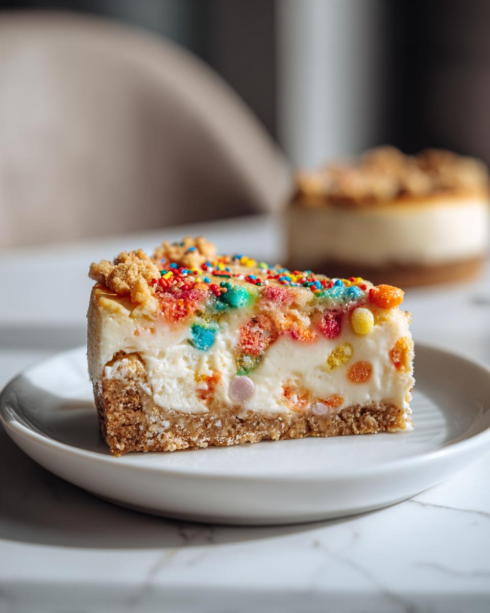 A slice of mini egg cheesecake on a white plate, featuring a graham cracker crust and colorful sprinkles.