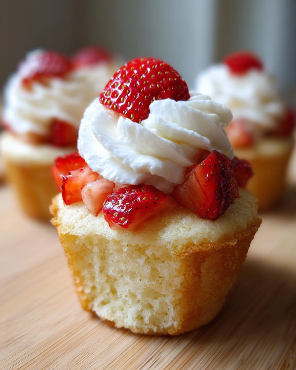 Close-up of a Mini Strawberry Shortcake Cupcake topped with whipped cream and fresh strawberries.
