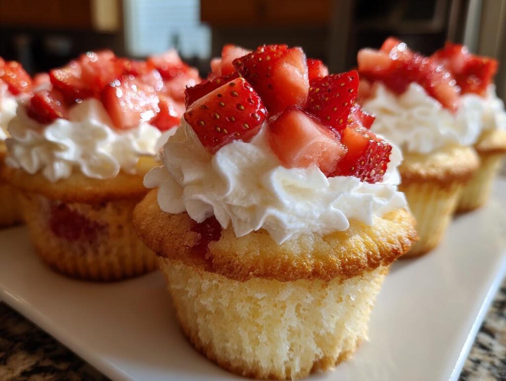 Close-up of delicious Mini Strawberry Shortcake Cupcakes topped with whipped cream and fresh strawberries.