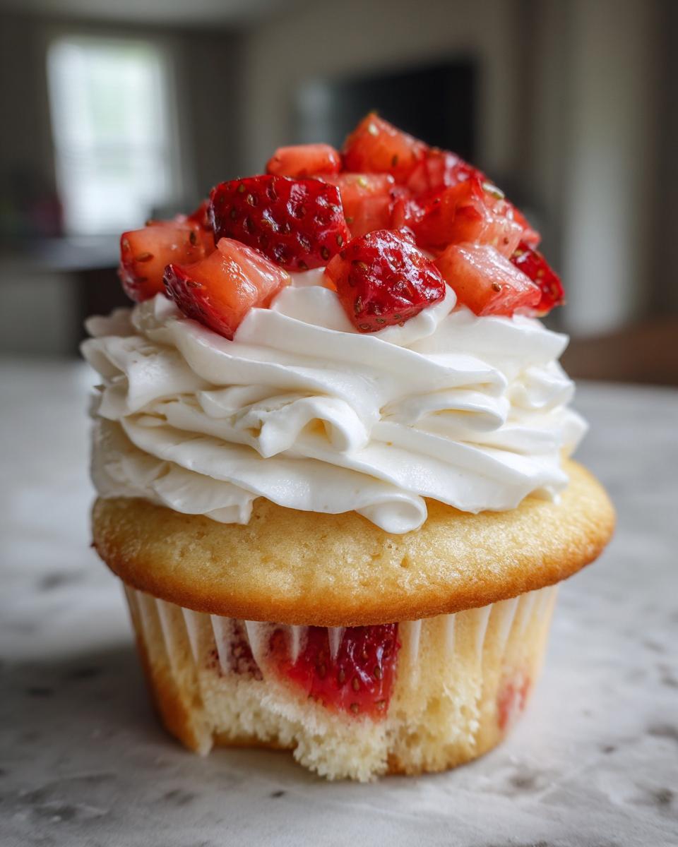 A close-up of a Mini Strawberry Shortcake Cupcake topped with whipped cream and fresh chopped strawberries.