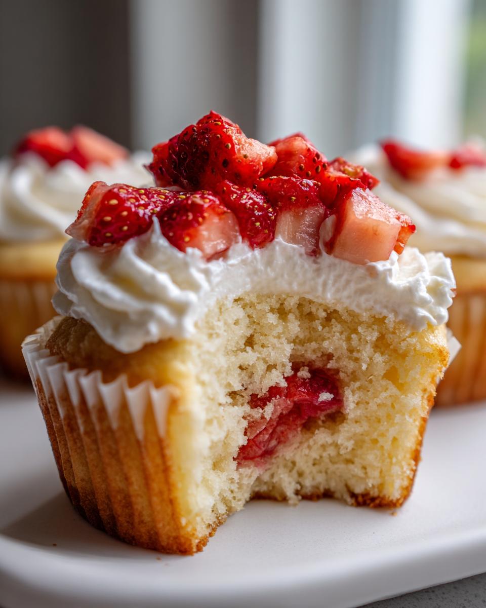 A bite taken out of a Mini Strawberry Shortcake Cupcake, revealing a strawberry filling and topped with whipped cream and fresh strawberries.