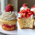A split image showing a whole mini strawberry shortcake cupcake topped with frosting and a strawberry, and a bitten cupcake revealing the cake and strawberry filling.