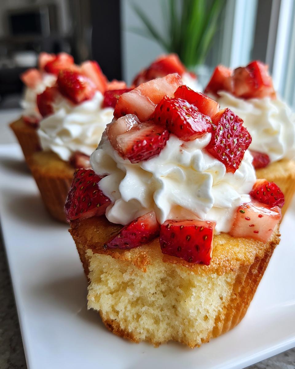 Close-up of a Mini Strawberry Shortcake Cupcake topped with whipped cream and fresh strawberries.