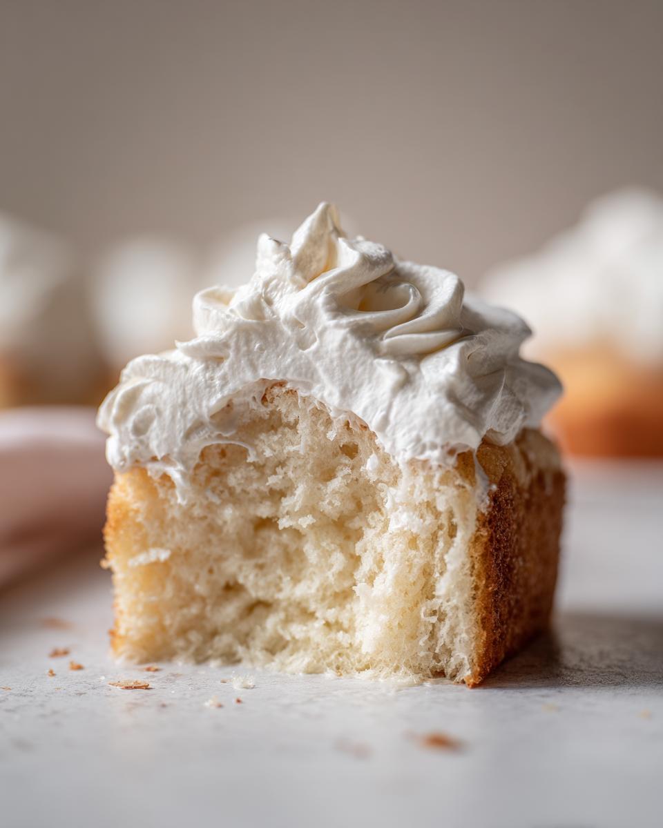 Close-up of a mini tres leches cake with a bite taken out, topped with whipped cream.