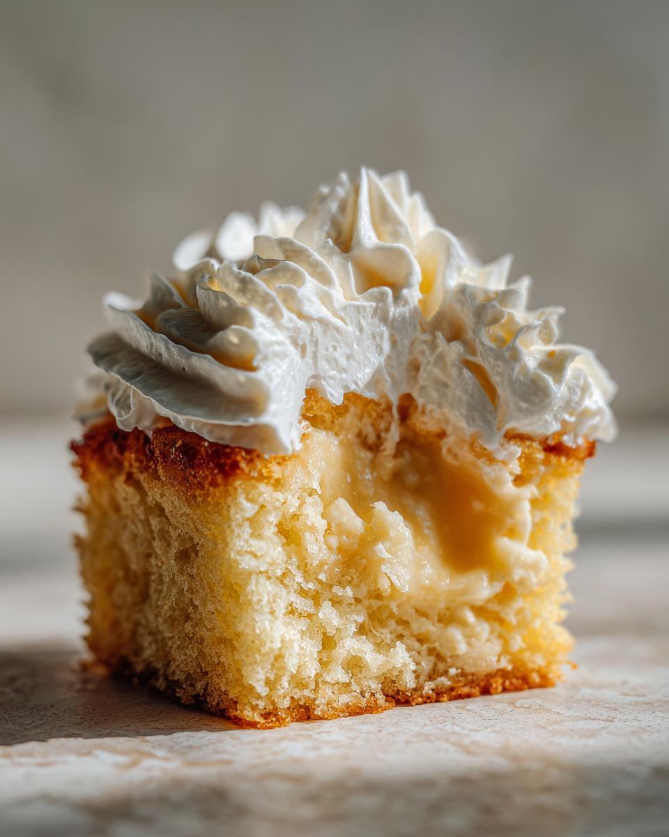 A close-up shot of a mini tres leches cake, showing the creamy filling and whipped topping.