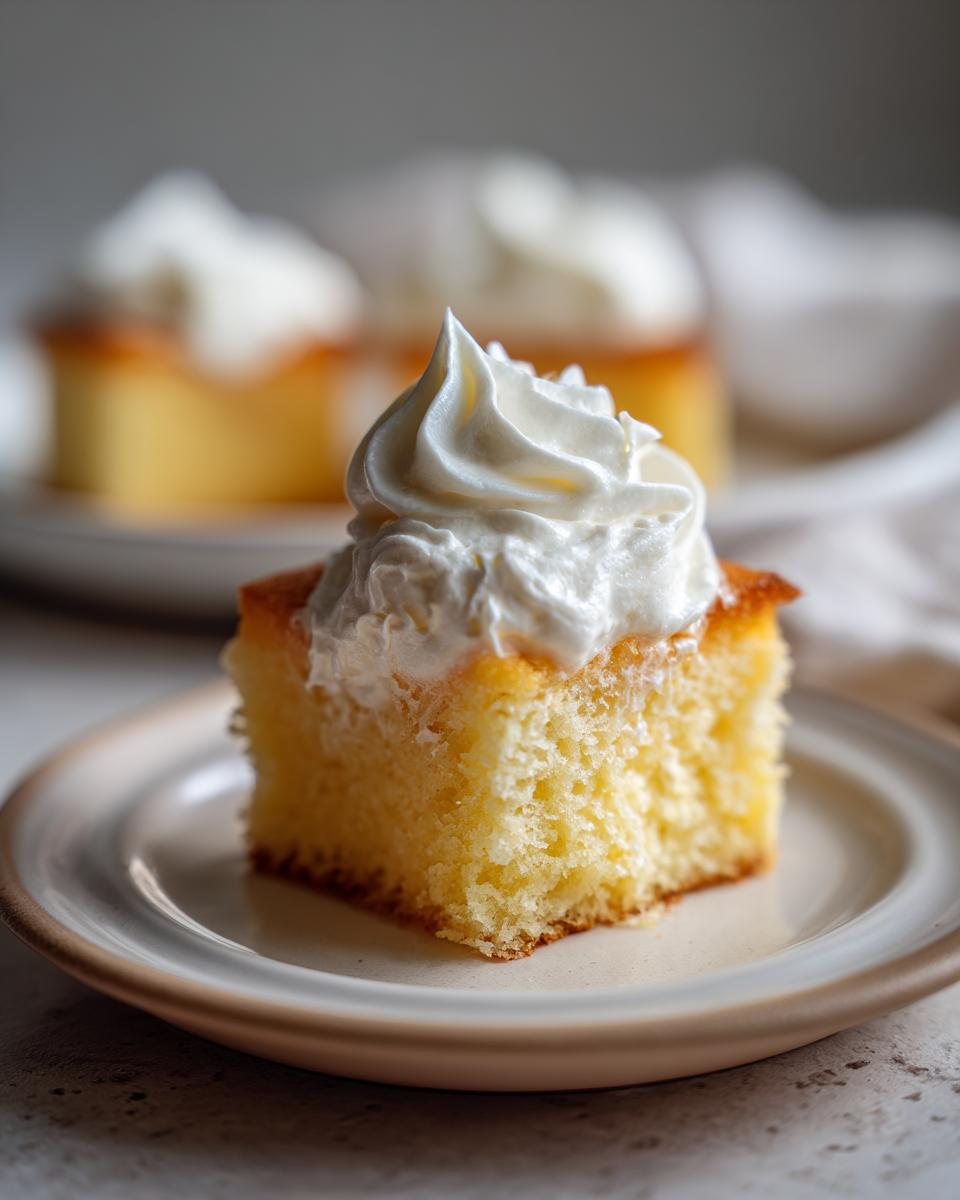 A slice of mini tres leches cake topped with whipped cream on a plate.