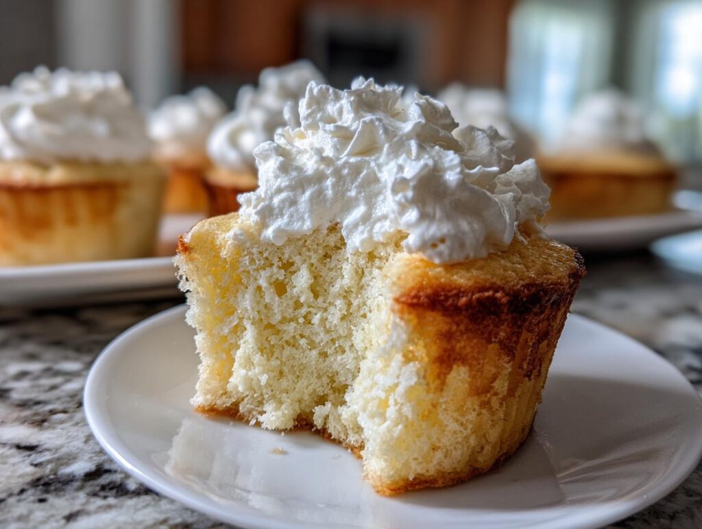 A partially eaten mini tres leches cupcake topped with whipped cream, sitting on a white plate.