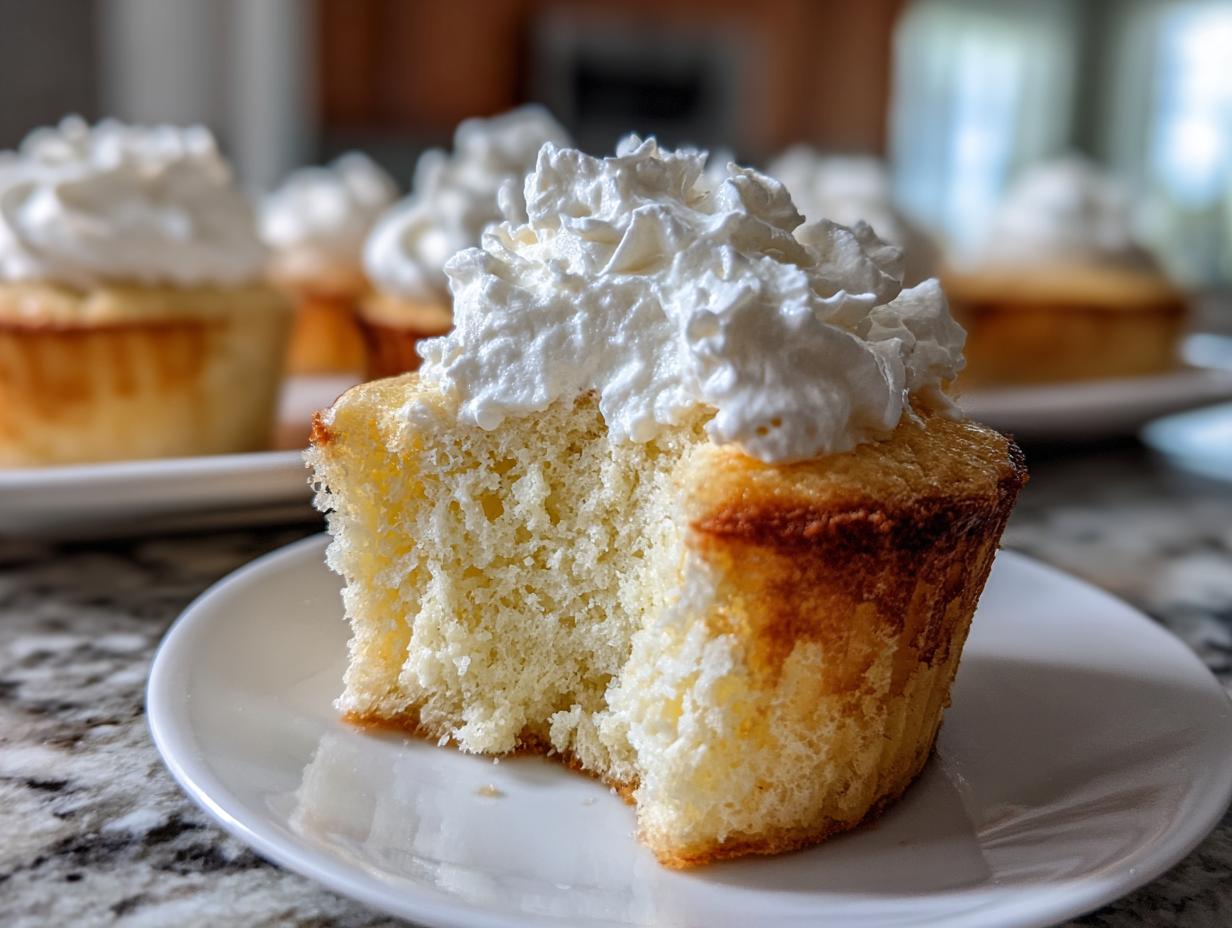 A partially eaten mini tres leches cupcake topped with whipped cream, sitting on a white plate.