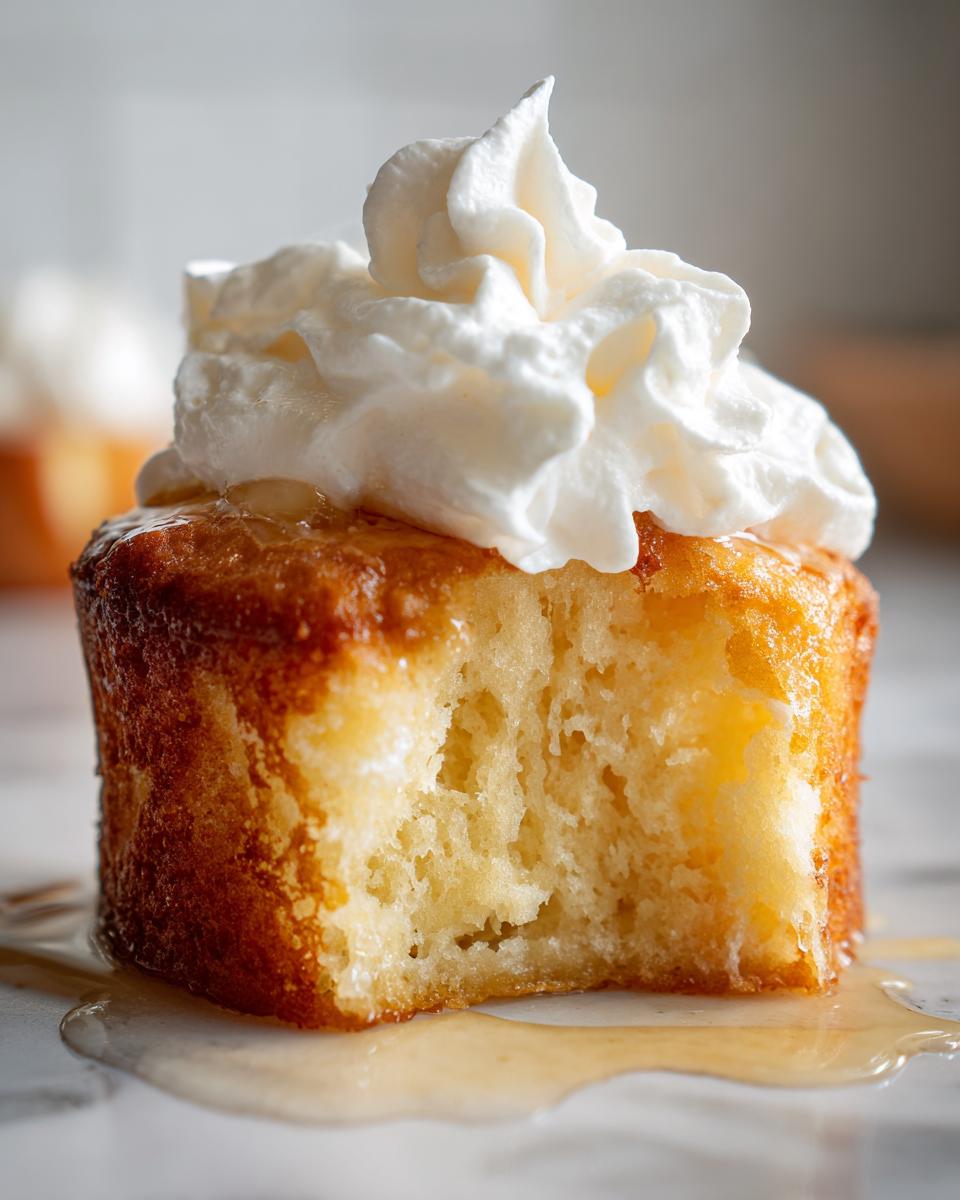 Close-up of a mini tres leches cake topped with whipped cream, showing a bite taken out.