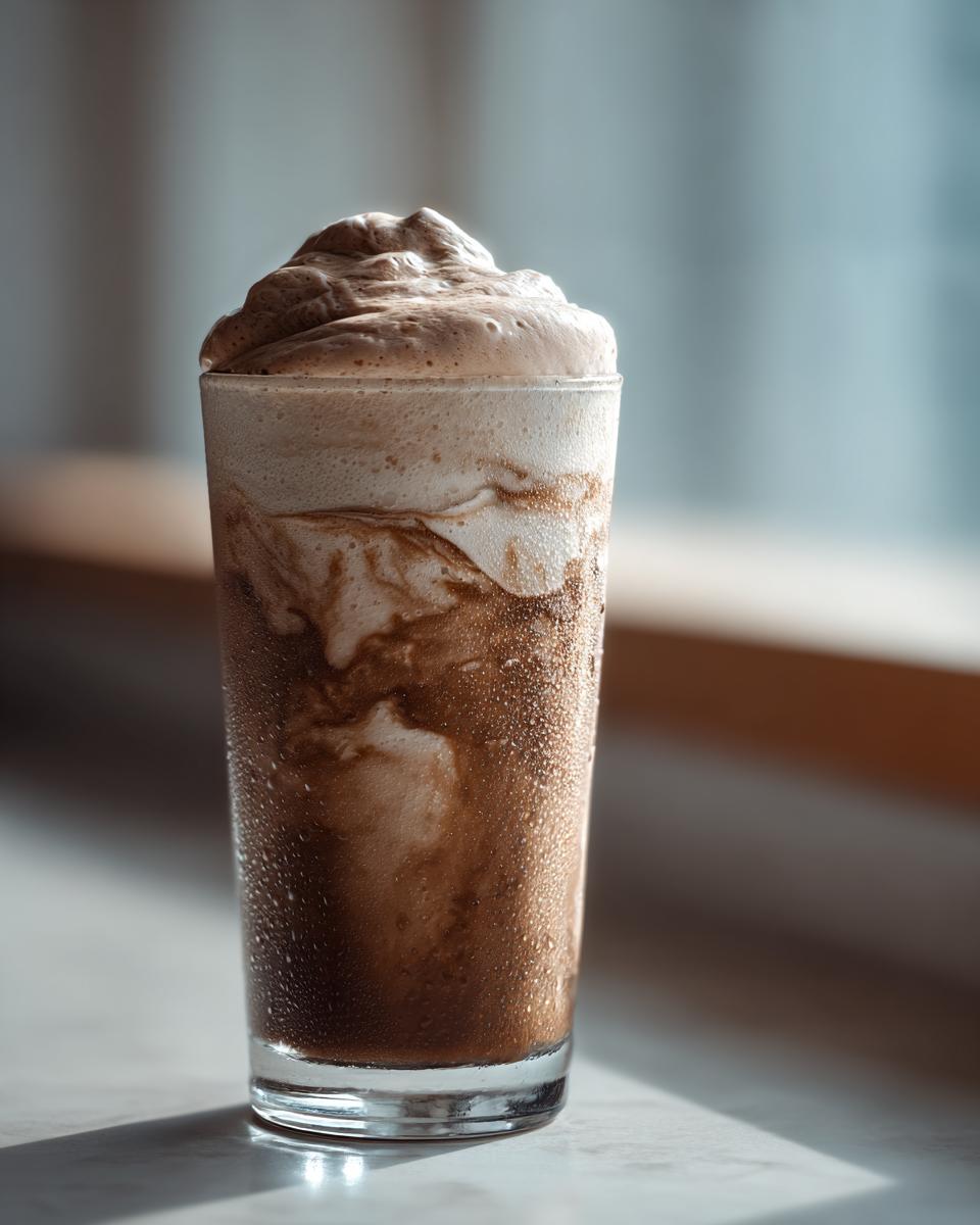 A tall glass filled with a creamy Mocha Frappuccino recipe, topped with whipped cream and chocolate drizzle.