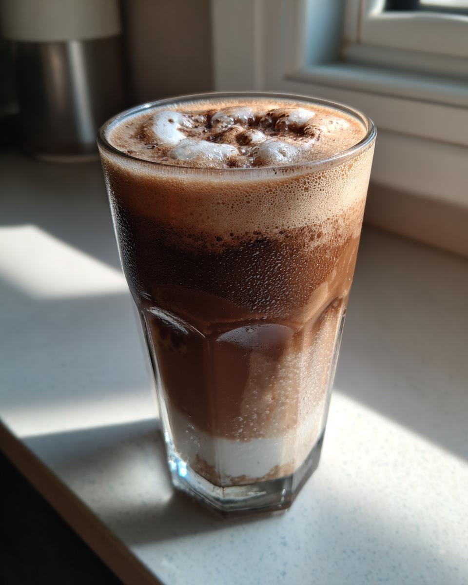A tall glass filled with a layered Mocha Frappuccino recipe, topped with frothy foam and cocoa powder.