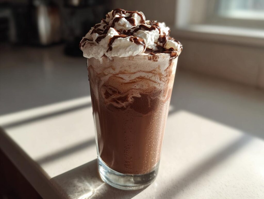 A refreshing Mocha Frappuccino recipe with whipped cream and chocolate drizzle, perfect for a hot day.