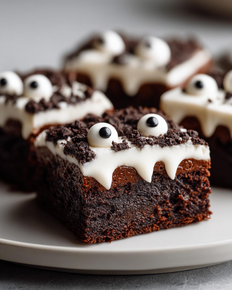 Close-up of delicious Monster Brownies (halloween) decorated with white frosting and candy eyes.
