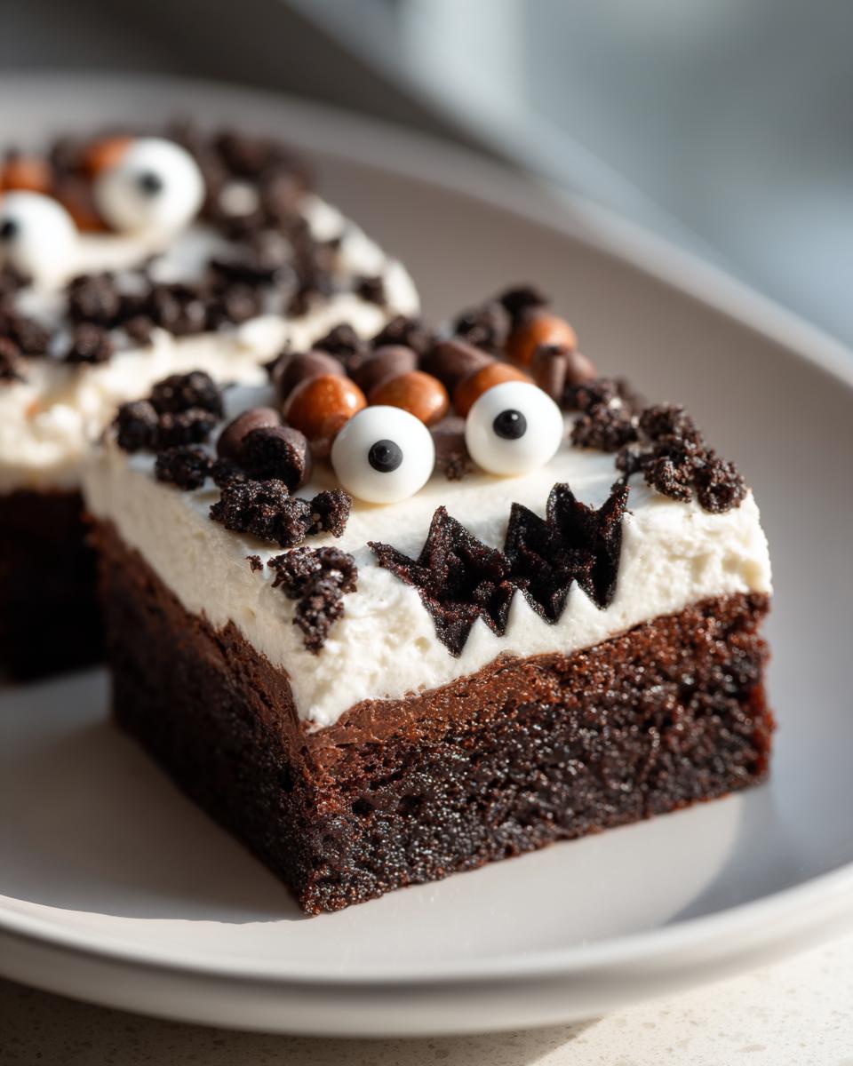 Close-up of a Halloween Monster Brownie with white frosting, candy eyes, and chocolate cookie crumbs.