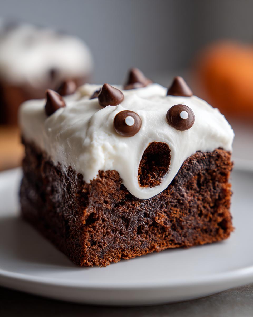 A single slice of Halloween Monster Brownies, decorated with white frosting and chocolate chips to look like a ghost.