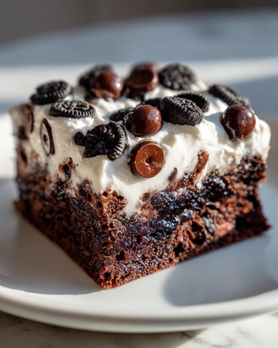 A decadent slice of Monster Brownies (Halloween) topped with white frosting, mini Oreos, and chocolate chips.