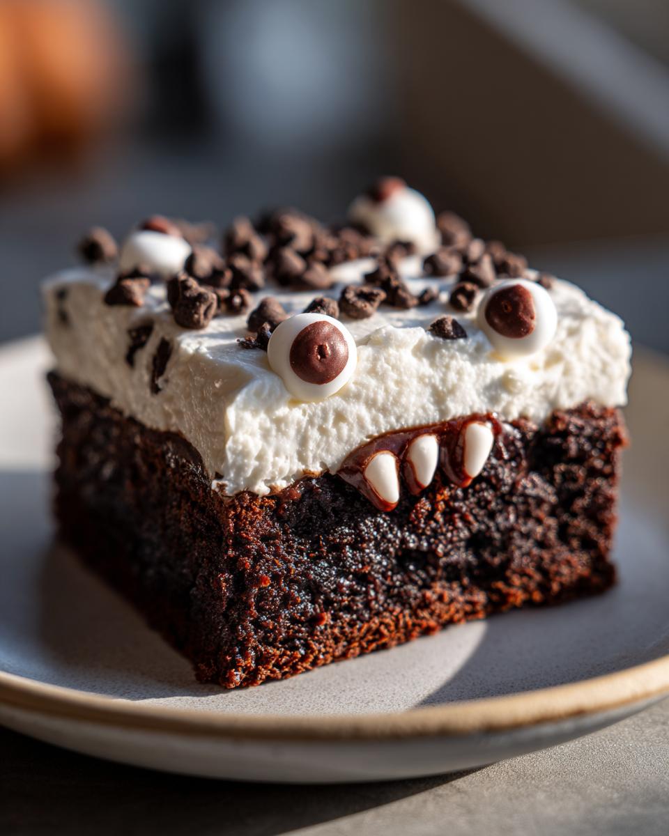 A single slice of a Halloween Monster Brownie with white frosting, candy eyes, chocolate chips, and candy fangs.