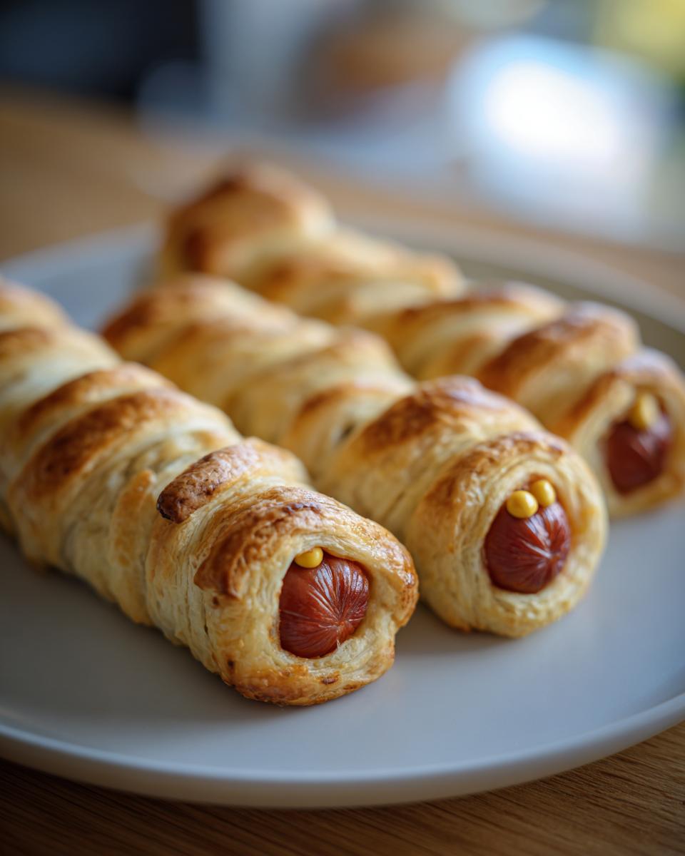 Close-up of Mummy Hot Dogs wrapped in pastry dough, with mustard eyes, ready for a Halloween party.