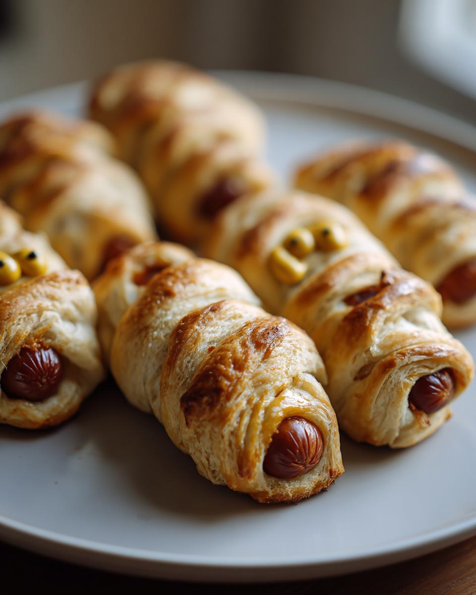Close-up of golden-brown Mummy Hot Dogs on a grey plate, ready for a Halloween party.