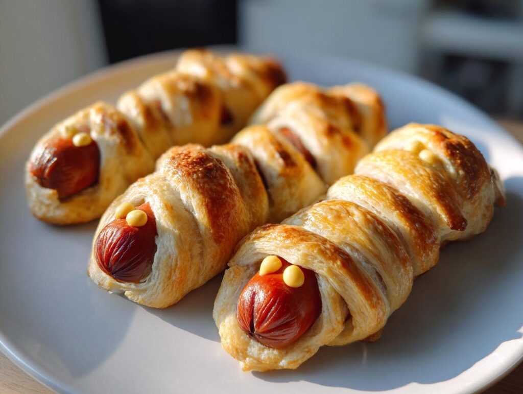 Close-up of several Mummy Hot Dogs on a white plate, wrapped in golden pastry with mustard eyes for Halloween.