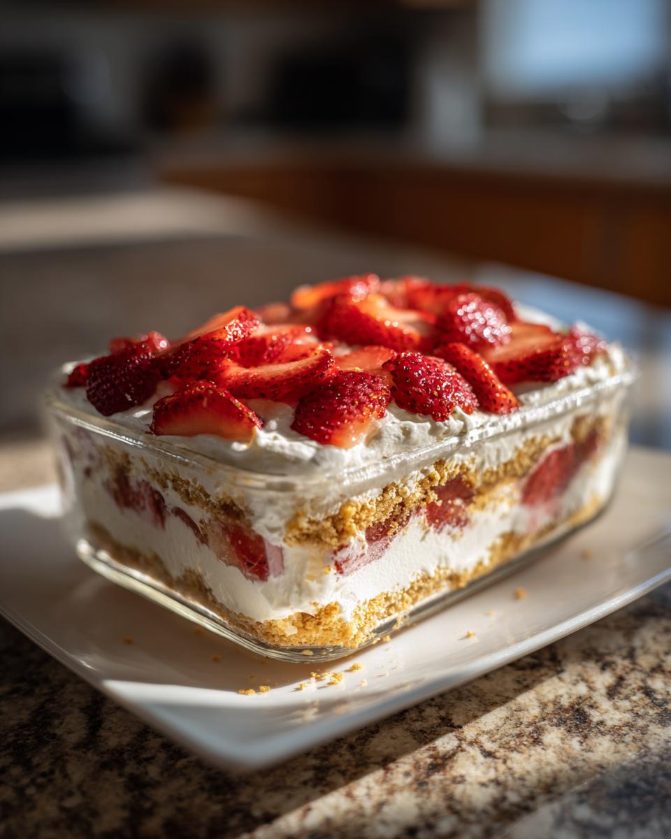A close-up of a no-bake strawberry shortcake in a glass dish, layered with strawberries, cream, and graham cracker crust.