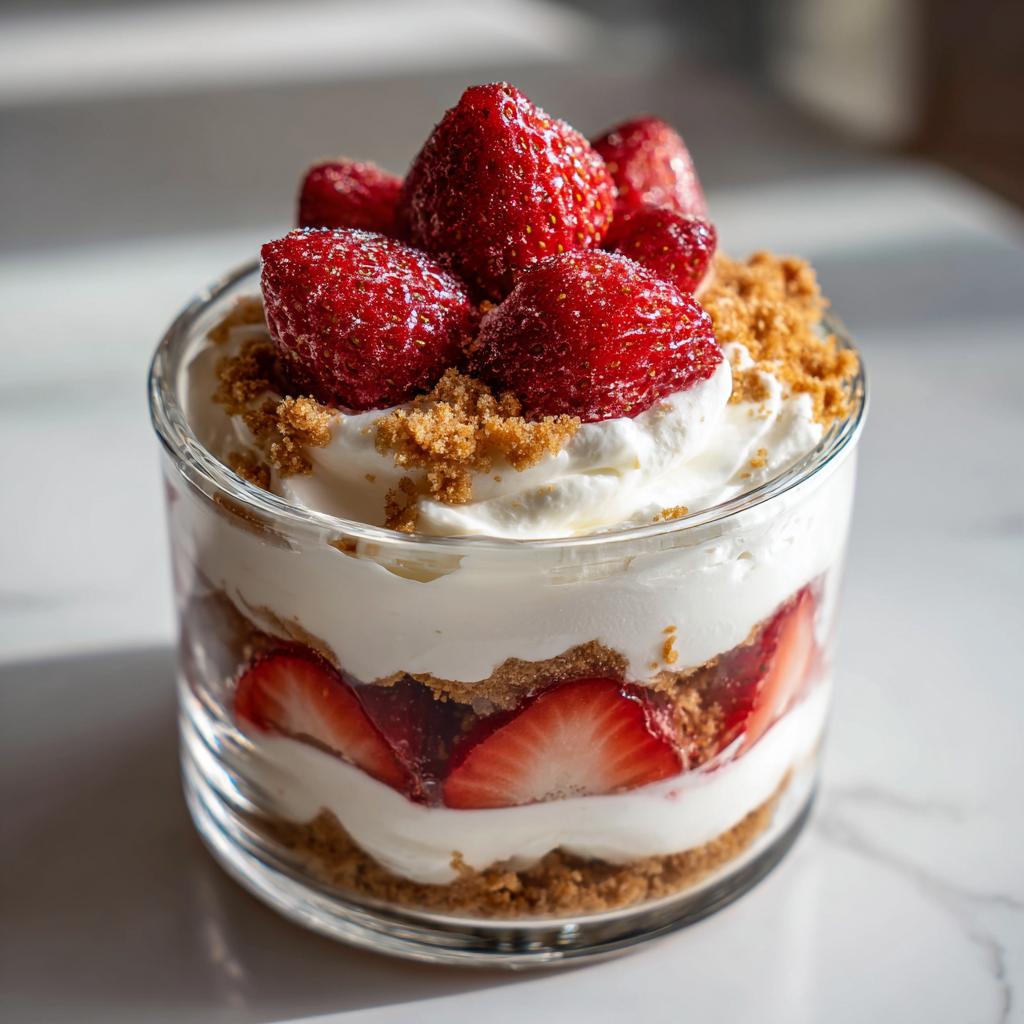 A delicious No-Bake Strawberry Shortcake layered in a glass with fresh strawberries, whipped cream, and cookie crumbs.