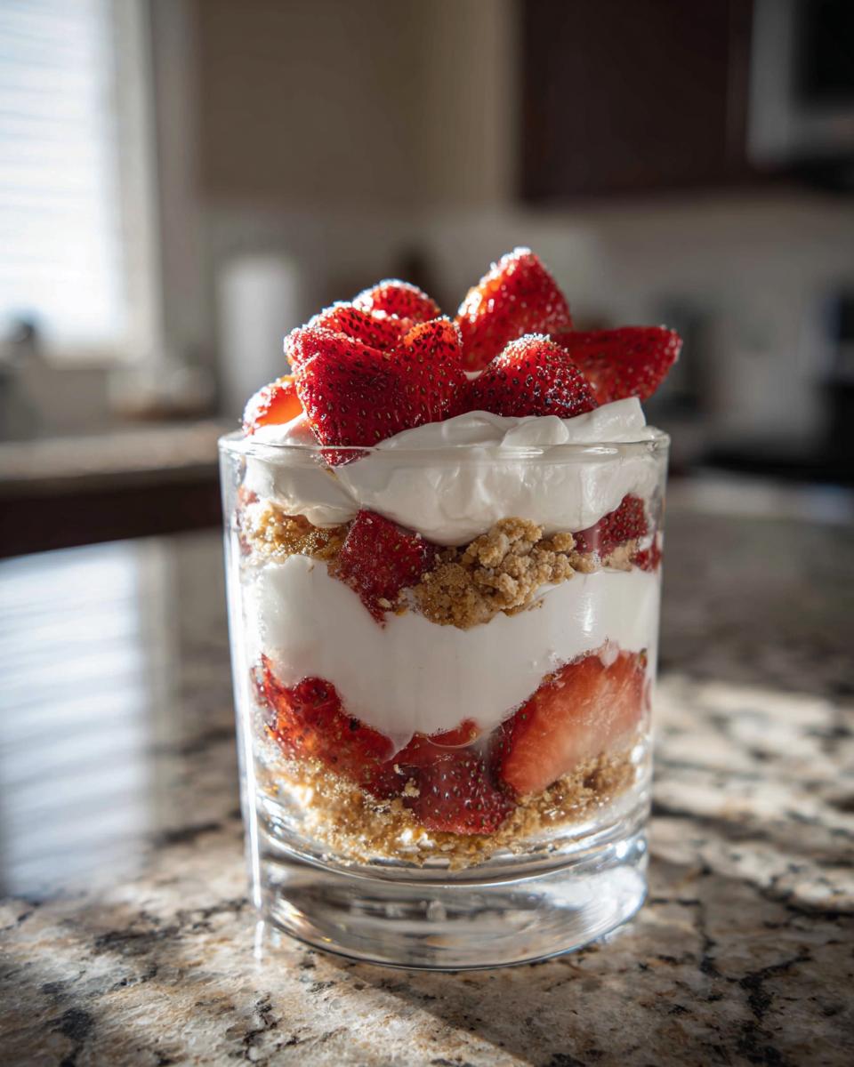 A refreshing No-Bake Strawberry Shortcake layered in a glass with fresh strawberries, whipped cream, and cookie crumbs.