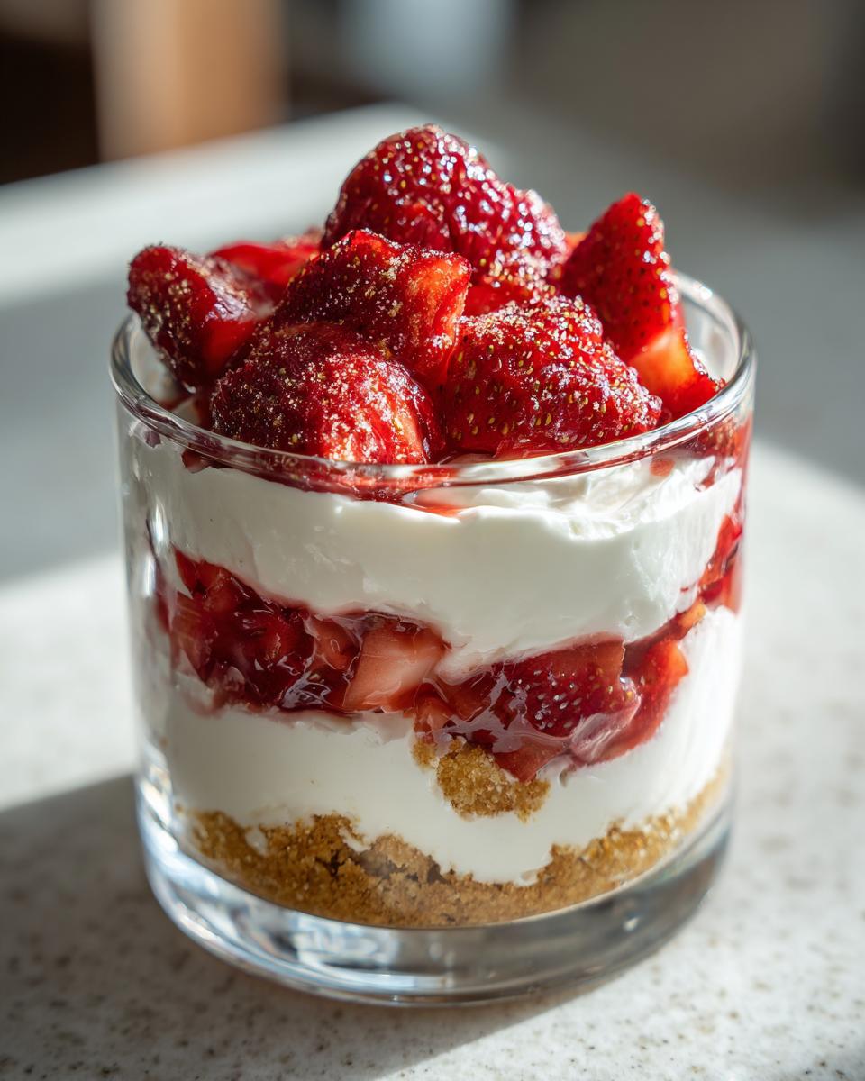 A refreshing No-Bake Strawberry Shortcake layered in a glass with fresh strawberries, cream, and cookie crumbs.
