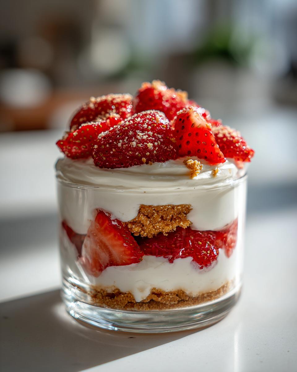 A delicious no-bake strawberry shortcake layered in a glass with fresh strawberries, cream, and cookie crumbles.