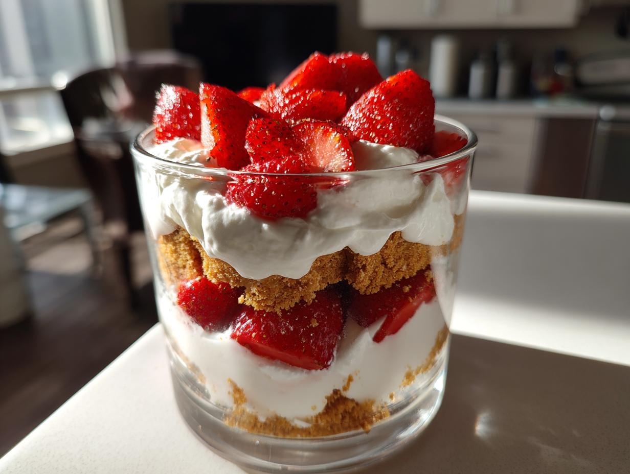 A close-up of a layered No-Bake Strawberry Shortcake in a glass, featuring fresh strawberries, whipped cream, and crumbled shortcake.