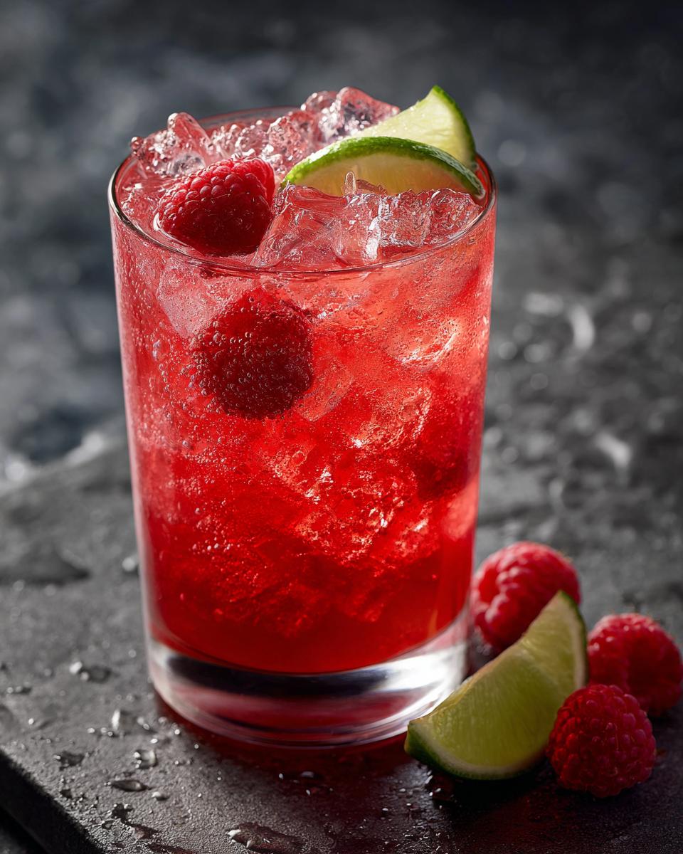 A vibrant red non alcoholic summer drink with raspberries, lime, and crushed ice in a glass.