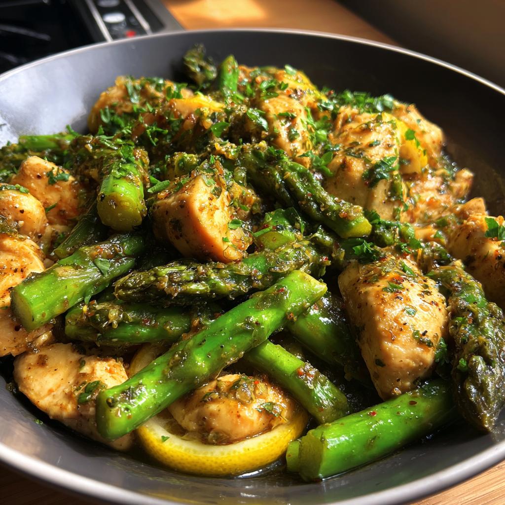 A delicious one-pot weight loss dinner featuring chicken and asparagus, perfect for a healthy meal.