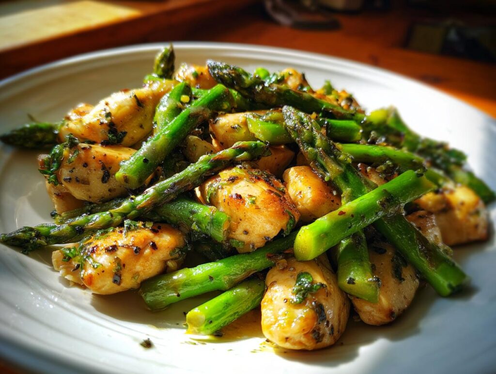 A plate of chicken and asparagus, a delicious and easy One-Pot Weight Loss Dinner.