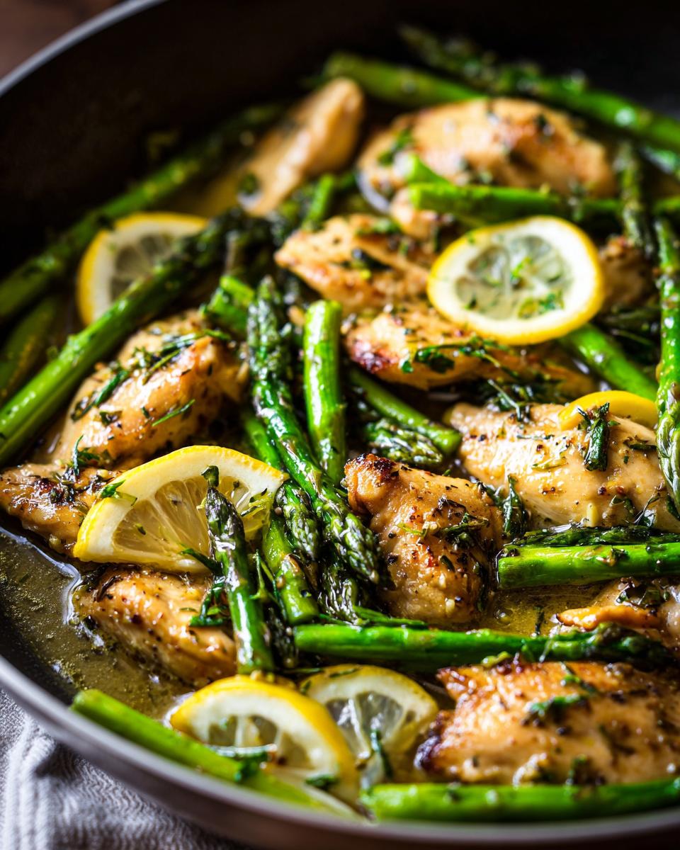 A delicious and healthy One-Pot Weight Loss Dinners Under 400, featuring chicken, asparagus, and lemon.