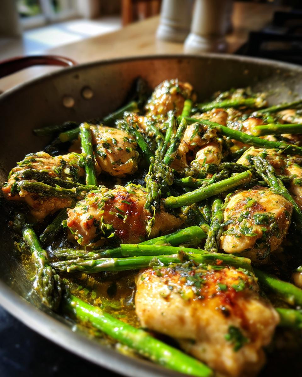 Close-up of a One-Pot Weight Loss Dinner featuring chicken and asparagus in a pan, seasoned with herbs.
