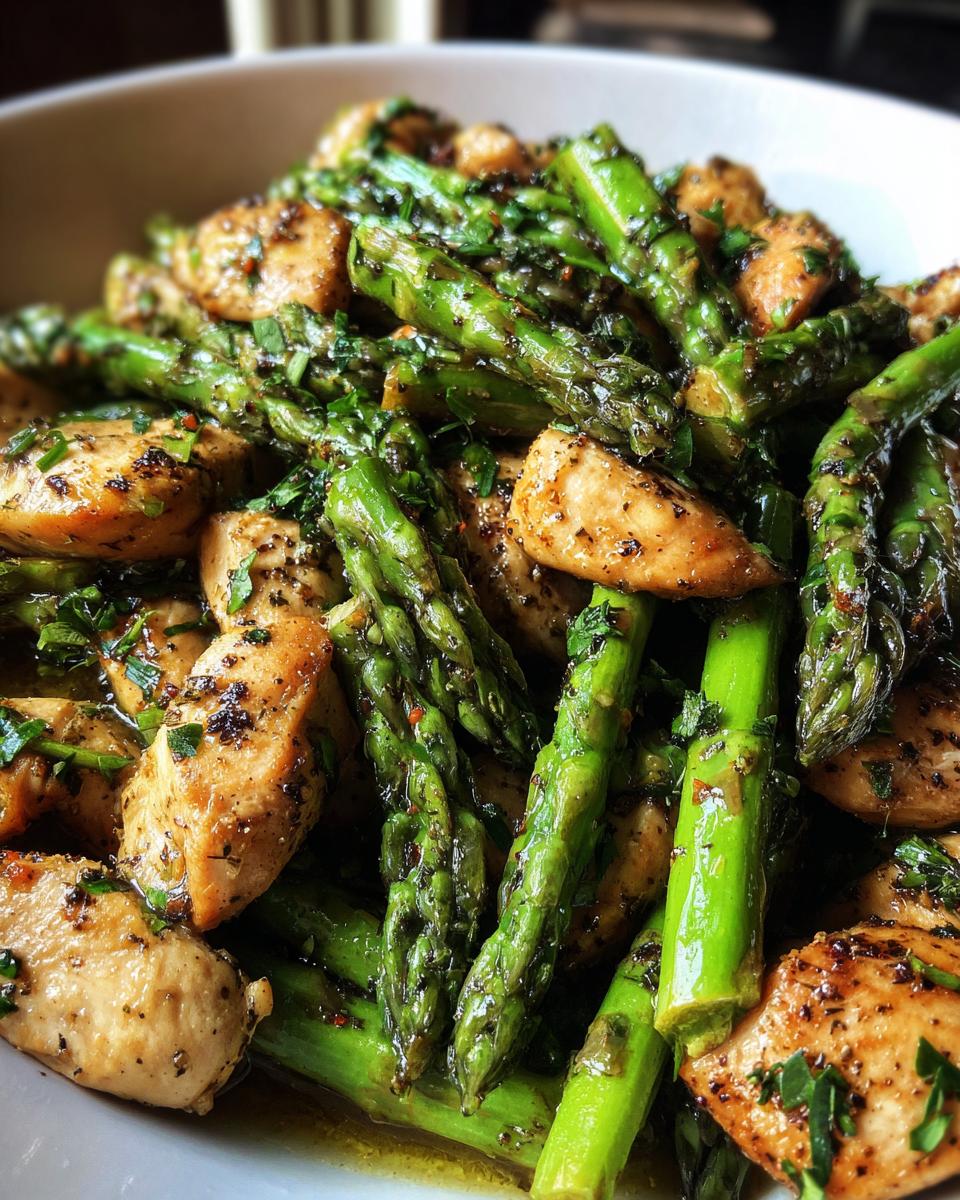 Close-up of a One-Pot Weight Loss Dinners dish with chicken and asparagus, seasoned with herbs.