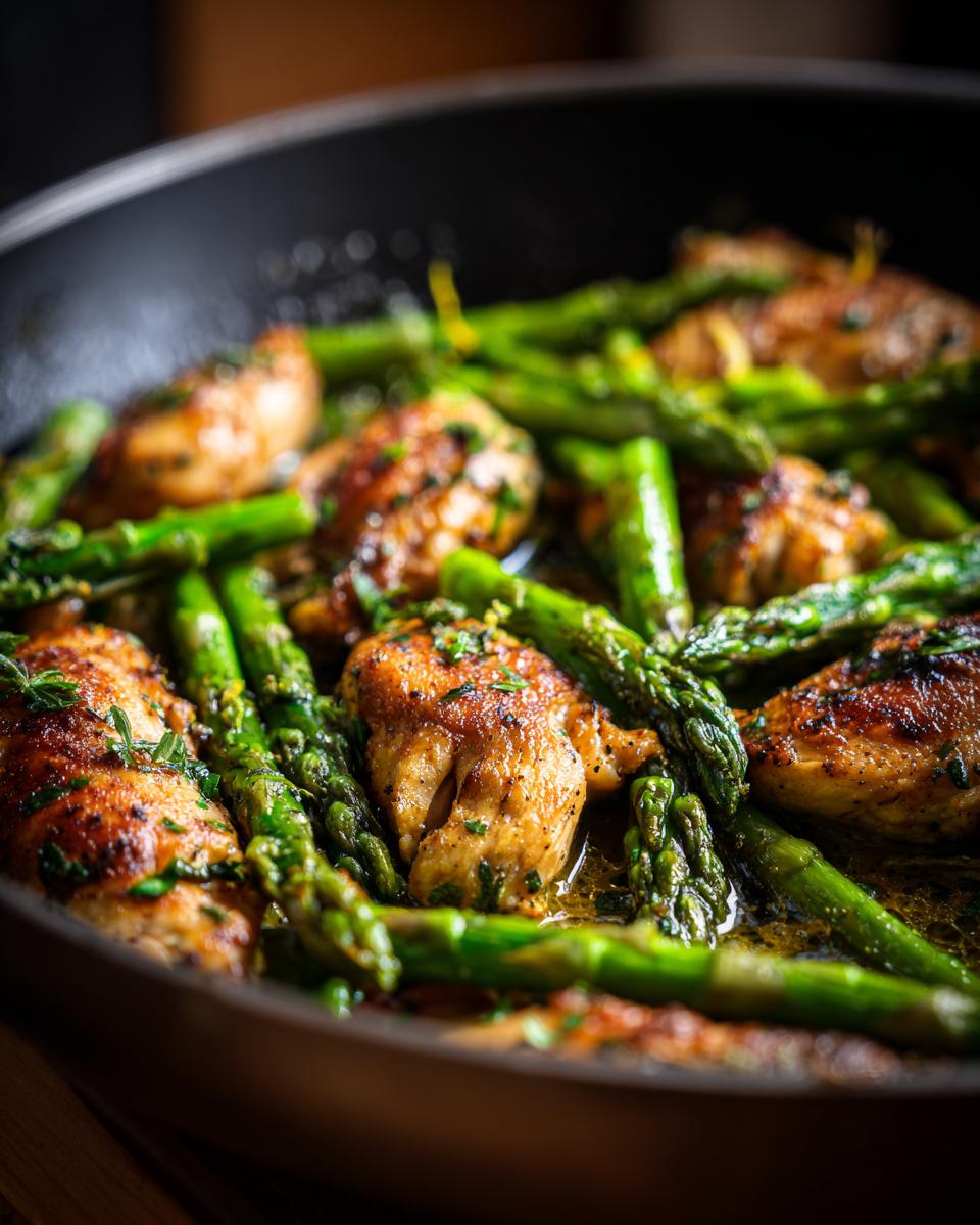 Chicken and asparagus in a pan, a delicious One-Pot Weight Loss Dinners Under 400 calorie option.