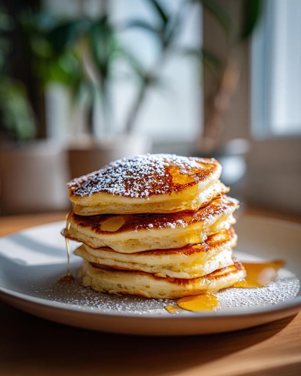 A stack of pancakes drizzled with syrup and powdered sugar, a potential addition to lemon dessert recipes.