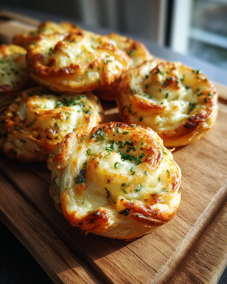 Close-up of golden brown party food rolls with cheese and herbs on a wooden board.