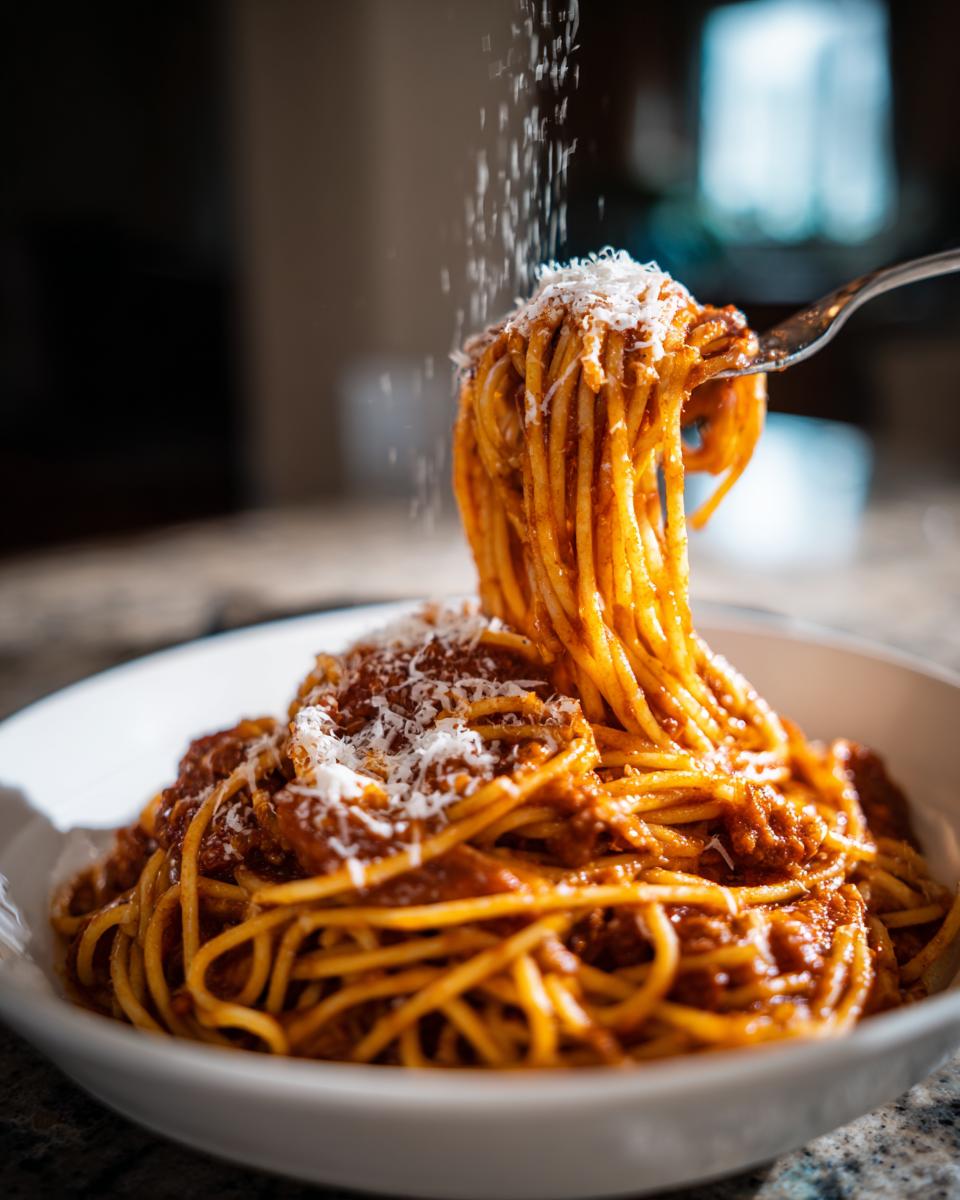 A bowl of pasta recipe with red sauce is being topped with grated cheese. A fork holds up some pasta.