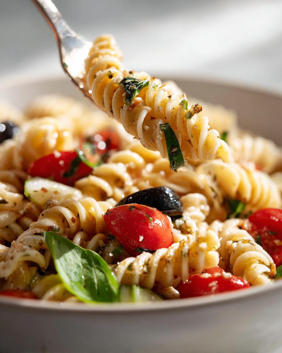 A fork lifting a bite of pasta salad with tomatoes, olives, basil and zucchini. Part of pasta salad recipes.