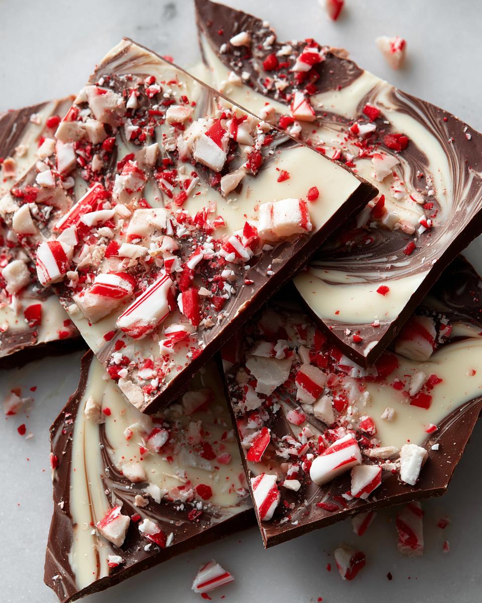 Delicious pieces of Peppermint Mocha Chocolate Bark with swirls of white and dark chocolate, topped with crushed candy canes.