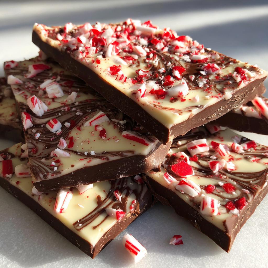 A stack of Peppermint Mocha Chocolate Bark pieces, topped with crushed candy canes.