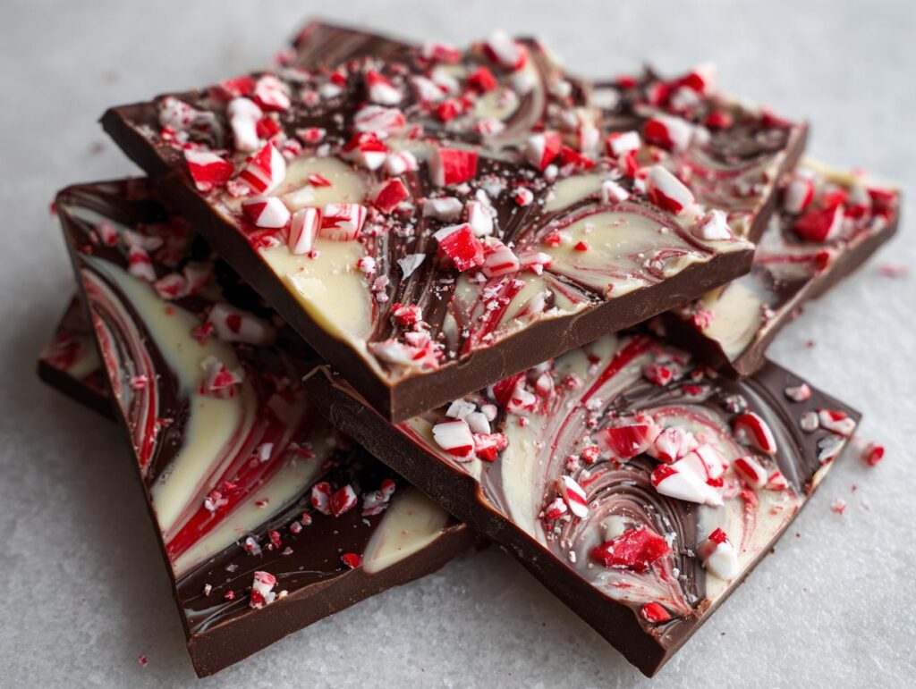 A stack of Peppermint Mocha Chocolate Bark pieces, showcasing the swirls of chocolate and peppermint candy.
