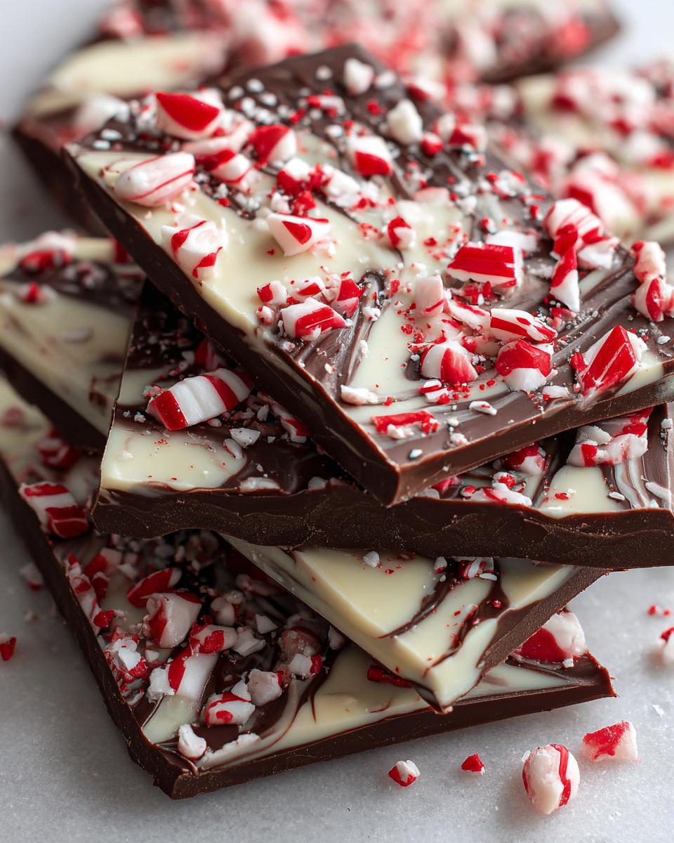 A stack of Peppermint Mocha Chocolate Bark, showing layers of dark and white chocolate with crushed peppermint candies.
