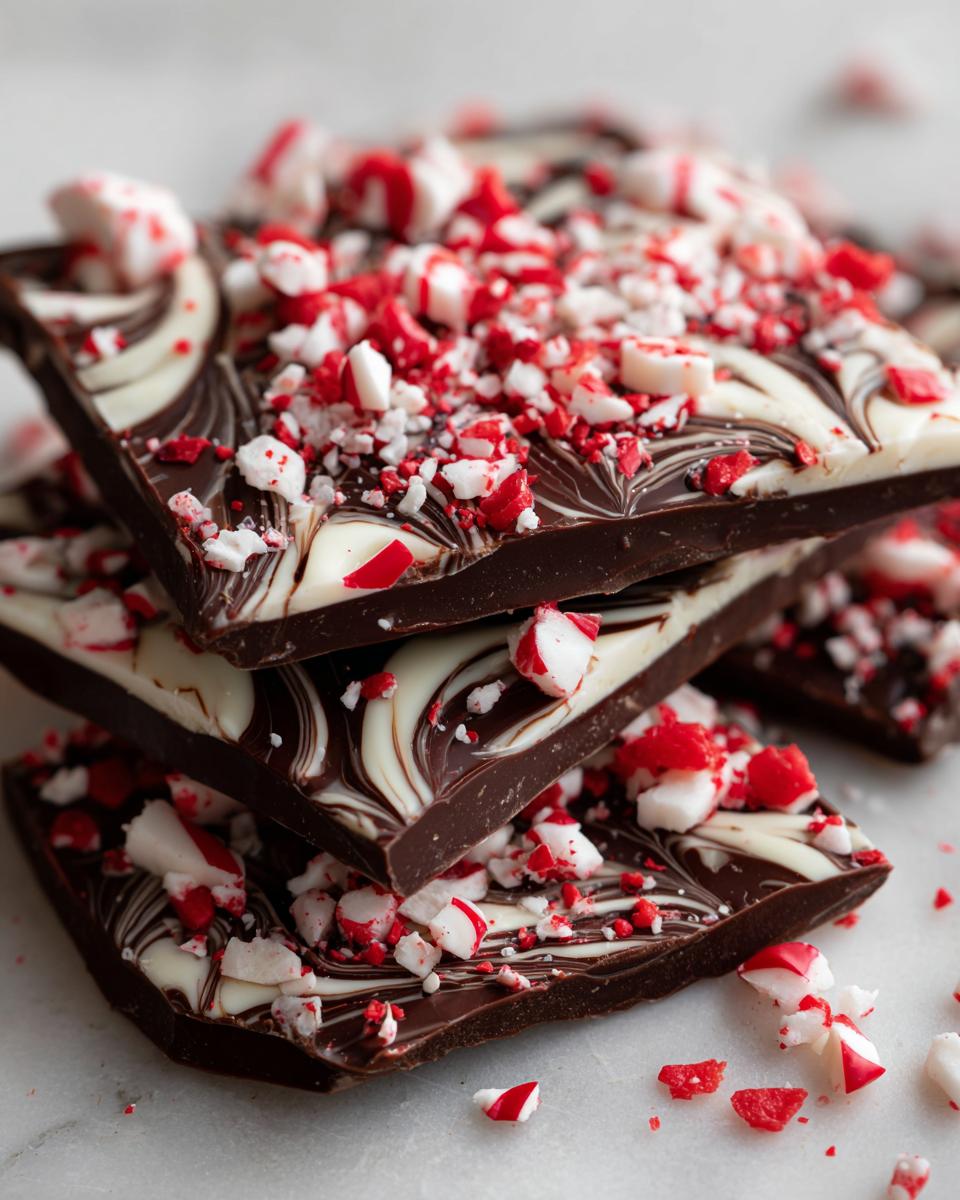 A stack of Peppermint Mocha Chocolate Bark with dark chocolate, white chocolate swirls, and crushed peppermint candies.